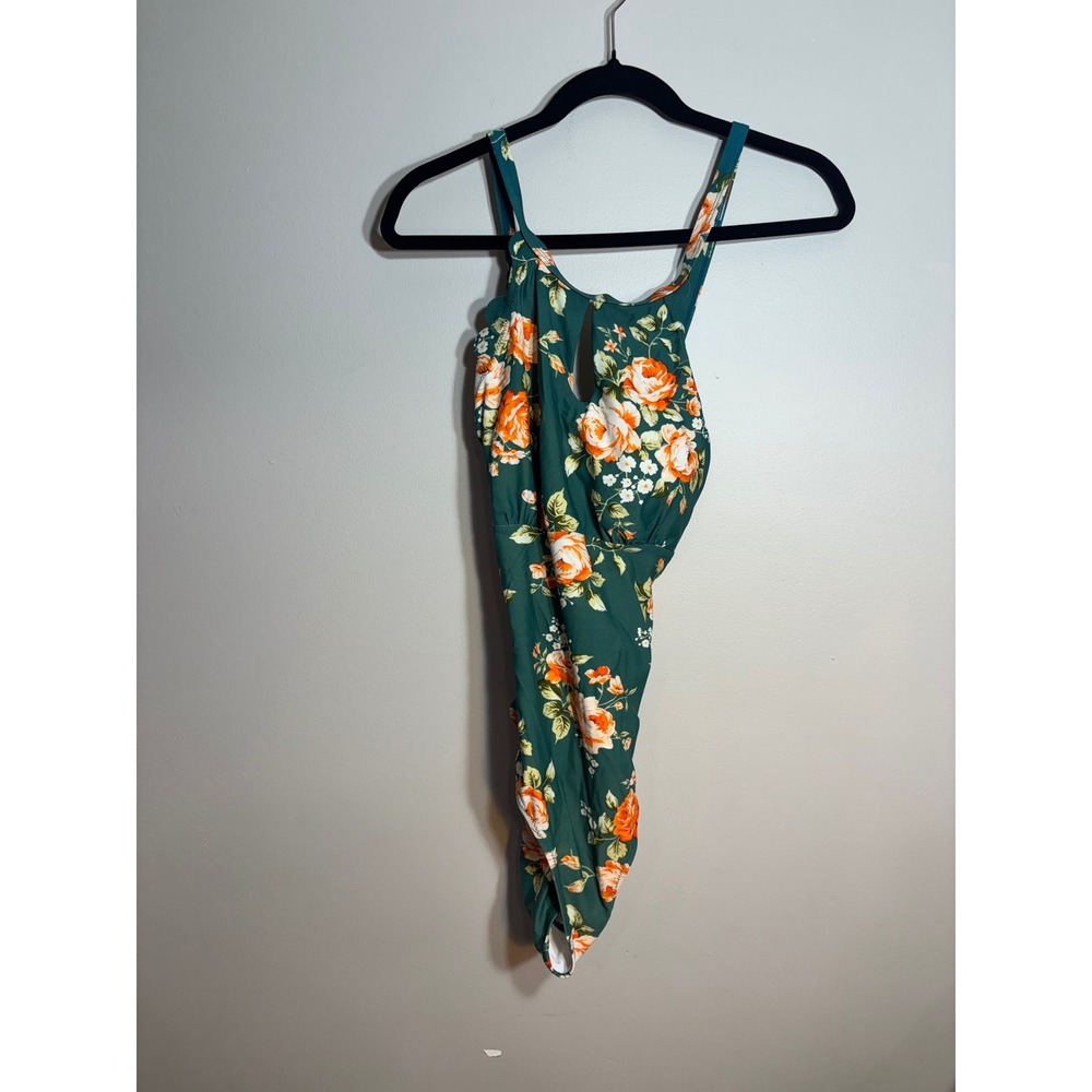 Cupshe Women Green‎ Floral Keyhole Ruched One Piece Swimsuit XL Forest Orange
